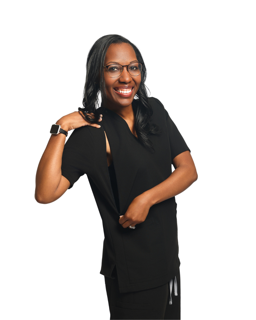 Healthcare worker unzipping the discreet access panel on her Mommy Scrubs top