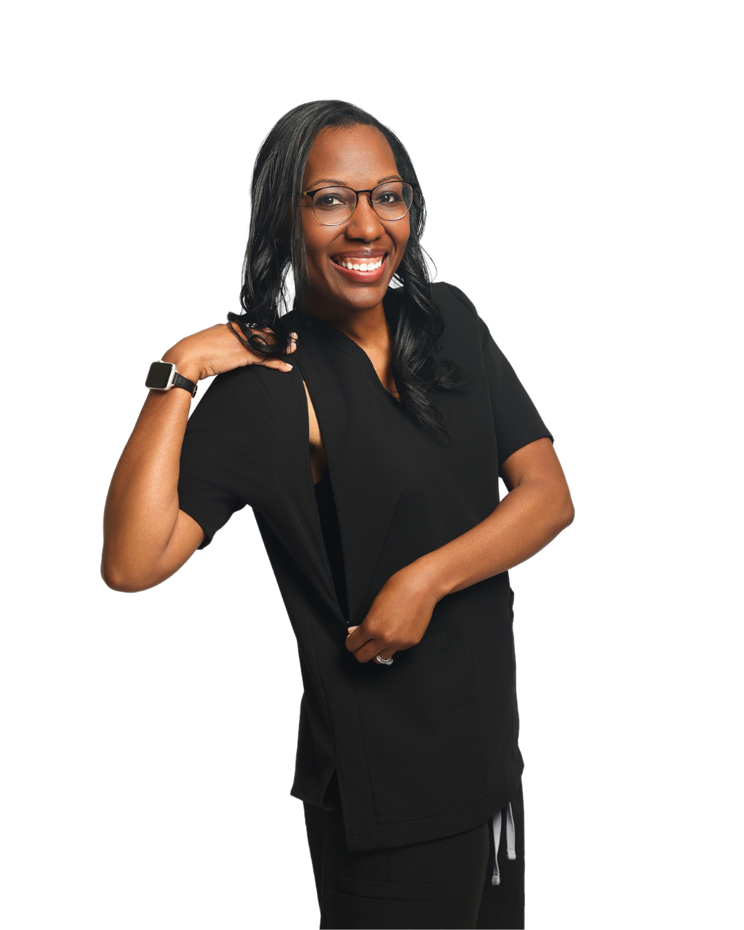 Healthcare worker unzipping the discreet access panel on her Mommy Scrubs top